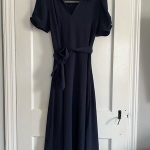 DKNY Elegant Navy Midi Dress with Tie